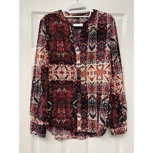 SANCTUARY Orange Red Print Long Sleeve Blouse Womens Button up L